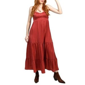 Band of the Free Pink Bustier Tiered Midi Dress Size Medium Cottage Boho Rose